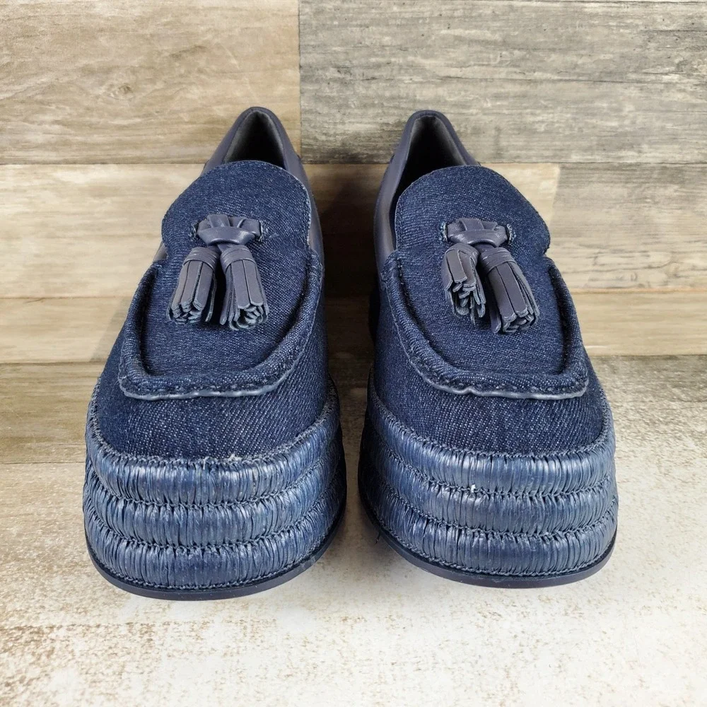 Franco Sarto Tremont Womens Platform Loafers Shoes Sz 7.5 M Denim Sabric Tassel